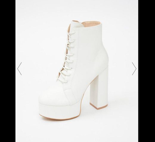 Platform Heeled Ankle Boots - Faux Leather Lace Up White