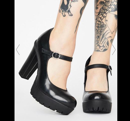 Black Faux Leather Platform Heel Mary Janes