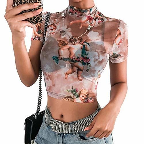 Mujeres Manga Corta Falso Cuello Ángel Imprimir Sexy Sheer Mesh Crop Tops