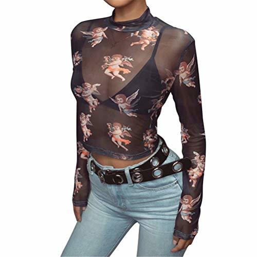 Producto Loalirando Crop-Top Transparente Mujer Sexy de Manga Larga con ángeles Impresos Top