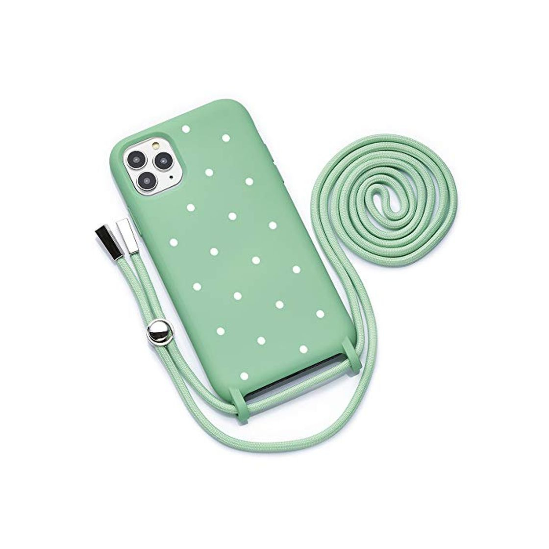 Product QULT Funda con Cuerda Compatible con iPhone 11 Pro MAX Carcasa de movil con Colgante Cadena Suave Silicona Necklace Bumper Case Verde Motivo Puntos Blancos