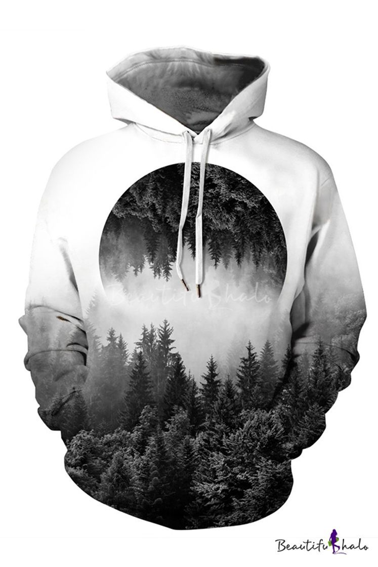 White Creative Forest 3D Printed Long Sleeve Loose Fit Drawstring ...