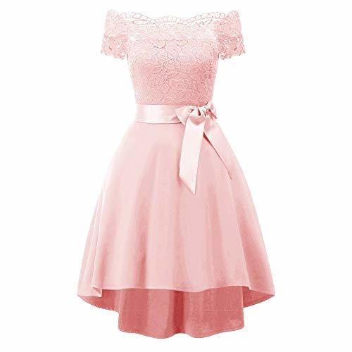 Yao High-End Short-Sleeved Lace Single Shoulder Stitching Elegant Female Dress Pink XL