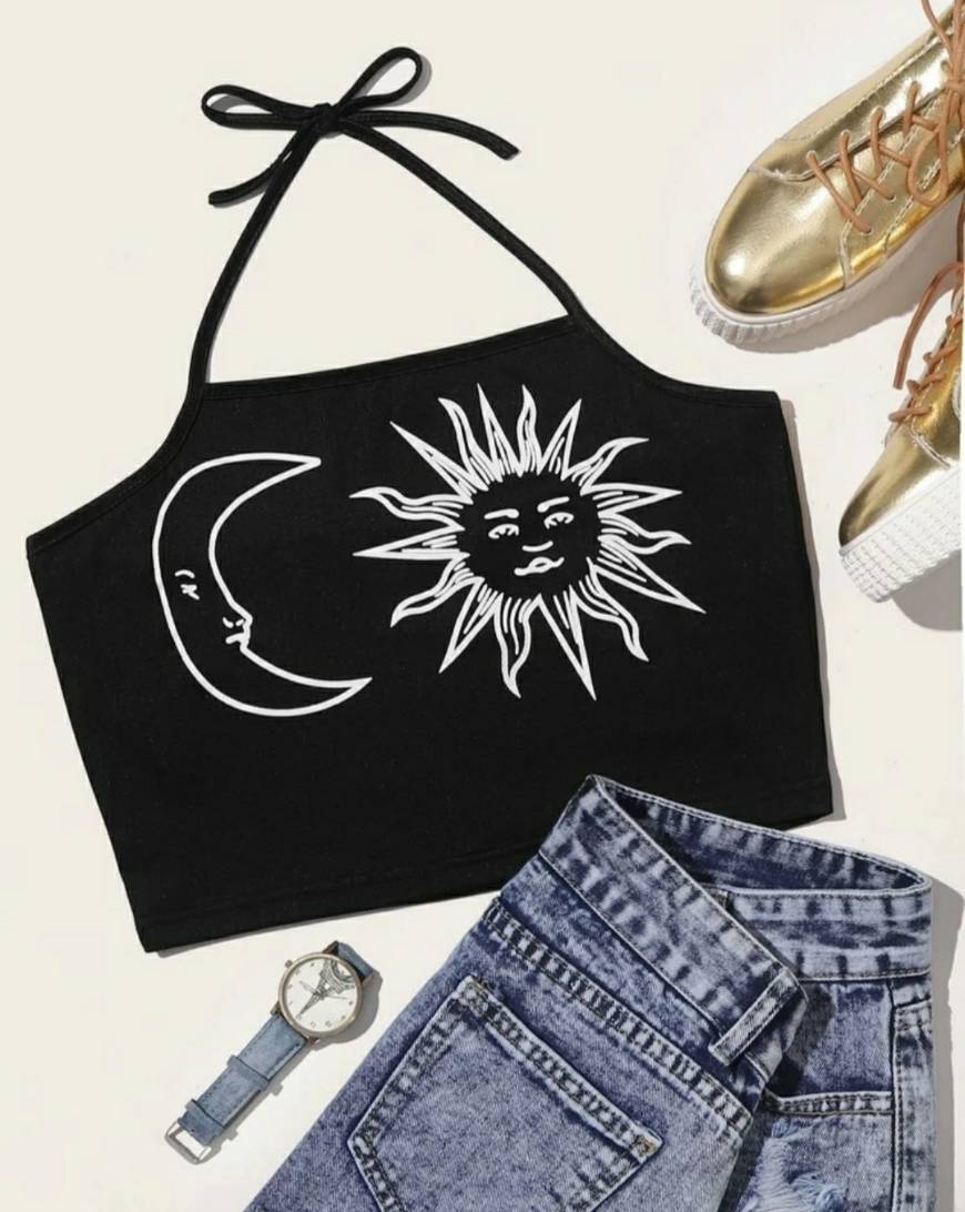 Product Top negro con estampado de sol y luna