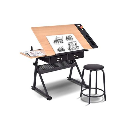 COSTWAY Mesa de Dibujo para Arte Diseño Ángulo y Altura Ajustable Escritorio para Oficina con Cajón Silla