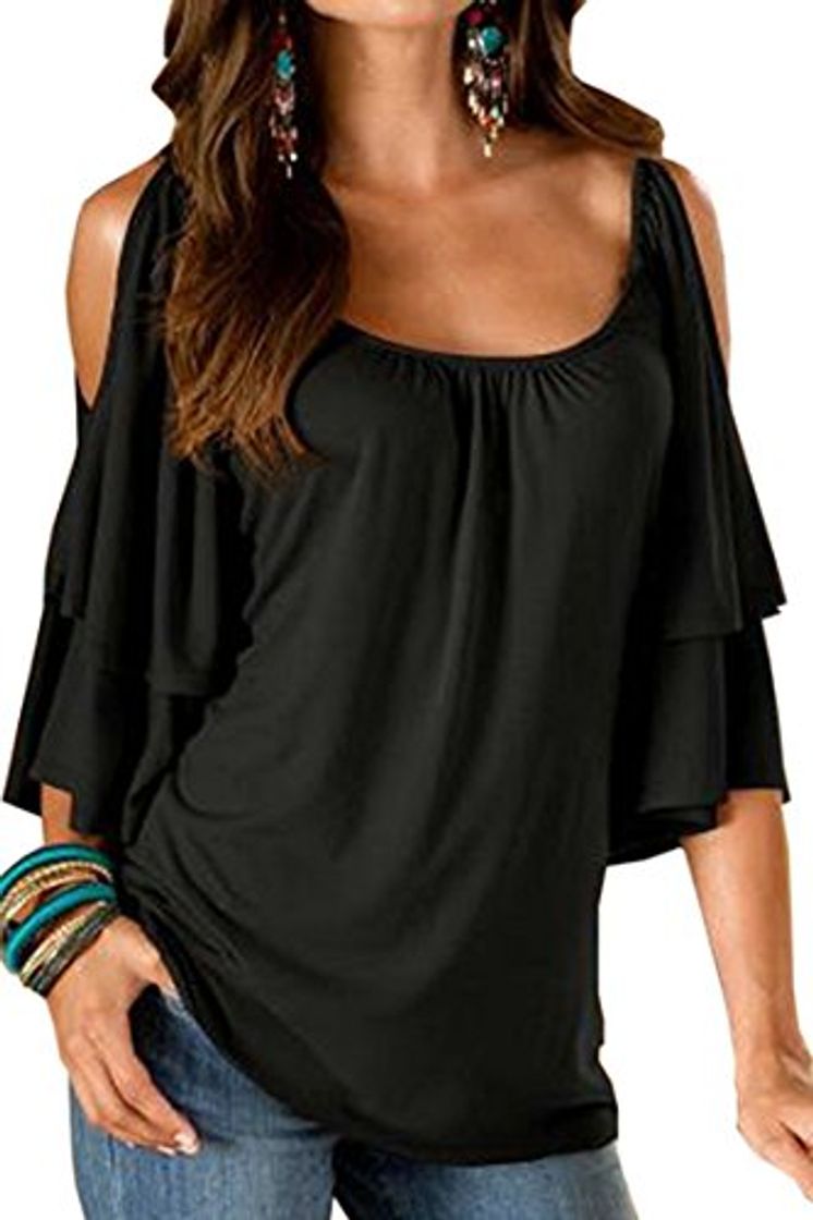 Social Camisas Hombros Descubiertos Mujer Casual Colores Lisos T Shirt Manga Corta Sin