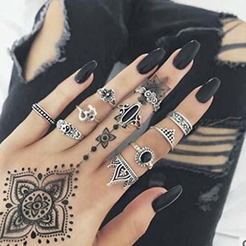 Hwiionne Vintage Punk étnico Cristal Plata Anillos Juegos para Mujeres Anillo de