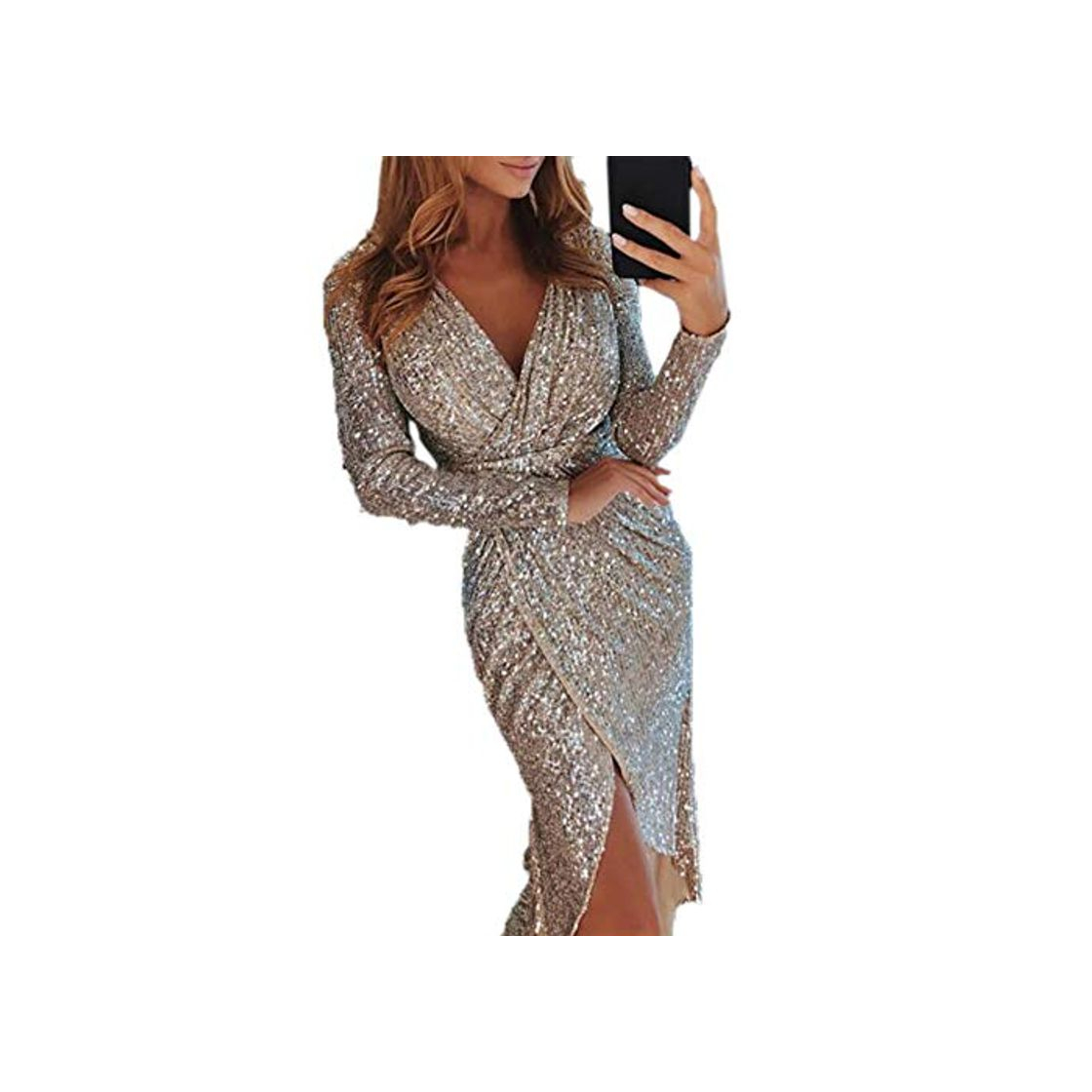 Productos Metyere Women Sequin Glitter Long Dress Sparkly Bodycon Evening Cocktail Party V Neck