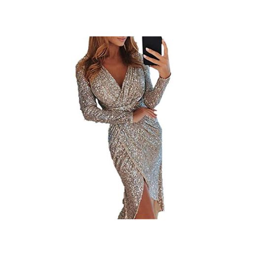 Metyere Women Sequin Glitter Long Dress Sparkly Bodycon Evening Cocktail Party V Neck