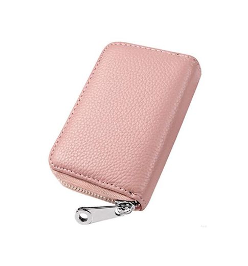 Womens Credit Card Holder Small RFID Blocking Ladies Wallet with Stainless Steel Zipper Excellent Genuine Leather Accordion Wallets Case for Women ID Compact Slim Blocked Zip Accordian Cards Pink