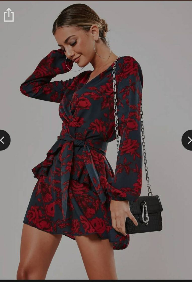 Products Red Floral Frill Waist V Neck Smock Dress