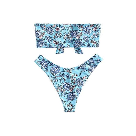 ZAFUL Mujer Bandeau Hombros Libre Bikini Set Sexy Beach Ropa con Flores Knote azul claro S