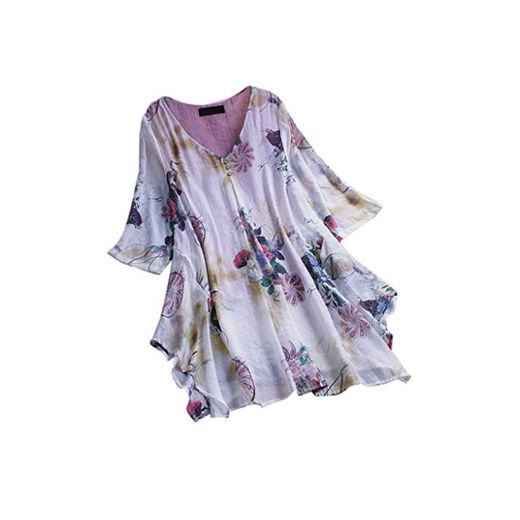 JURTEE Camiseta De Algodón Y Lino para Mujer Talla Grande Casual Cuello En V Impresión Top Dobladillo Irregular Blusa