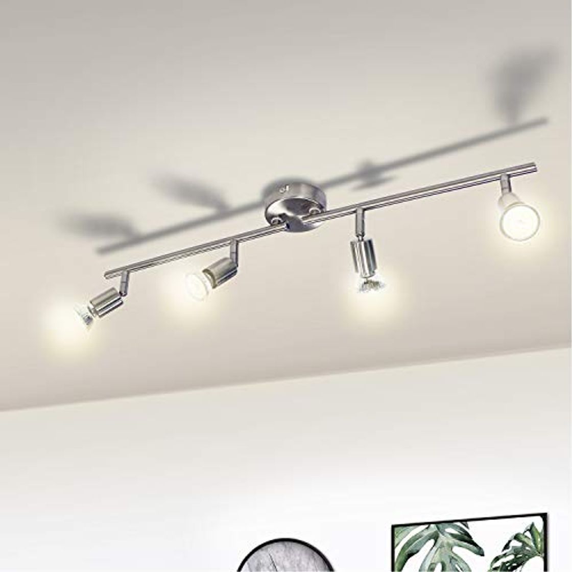 Producto Wowatt Lámpara de techo LED Plafón con Focos Giratorios 4X Bombillas GU10 Bajo consumo 6W 230V 2800K Blanco cálido 600lm 83Ra IP20 Níquel Mate Longitud 68cm