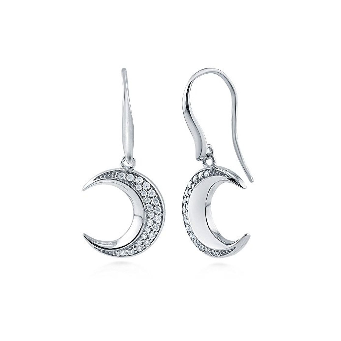 Product Rhodium Plated Sterling Silver Cubic Zirconia CZ Crescent Moon Fish Hook Dangle Drop Earrings