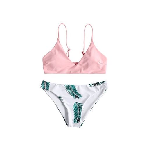 Zaful - Bikini acolchado push-up para mujer con diseño de hojas Rosa