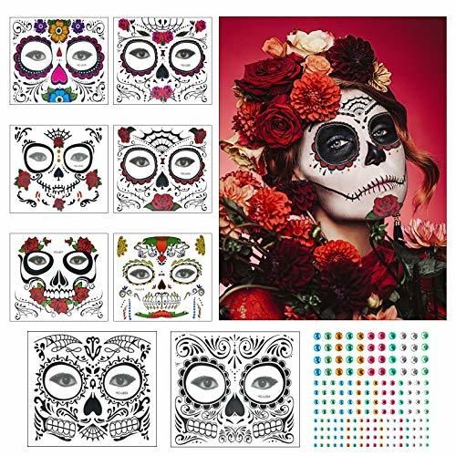 Tatuaje cara temporales Halloween ZERHOK 8pcs etiqueta Mascarada diseño cráneo con gemas