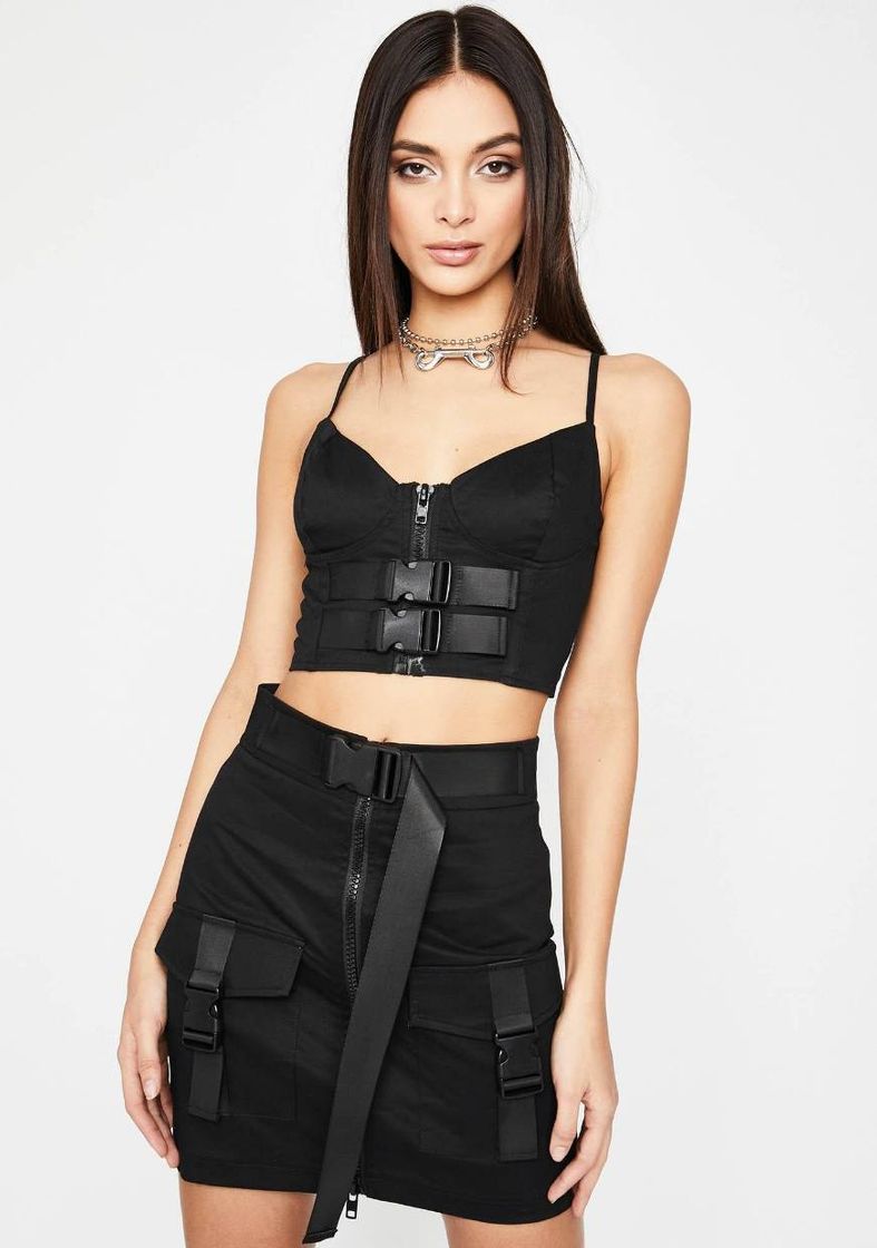 Moda Buckle Cargo Mini Skirt Set Black | Dolls Kill