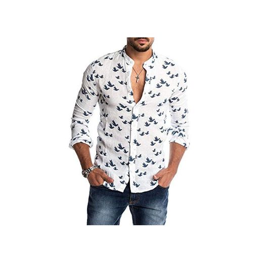 Loeay Camisas con Estampado de Pato Casual de Moda para Hombre Otoño Botón de Corte Slim Placket Collar de Corte Coreano Manga Larga Hombre Social Business Blanco XL