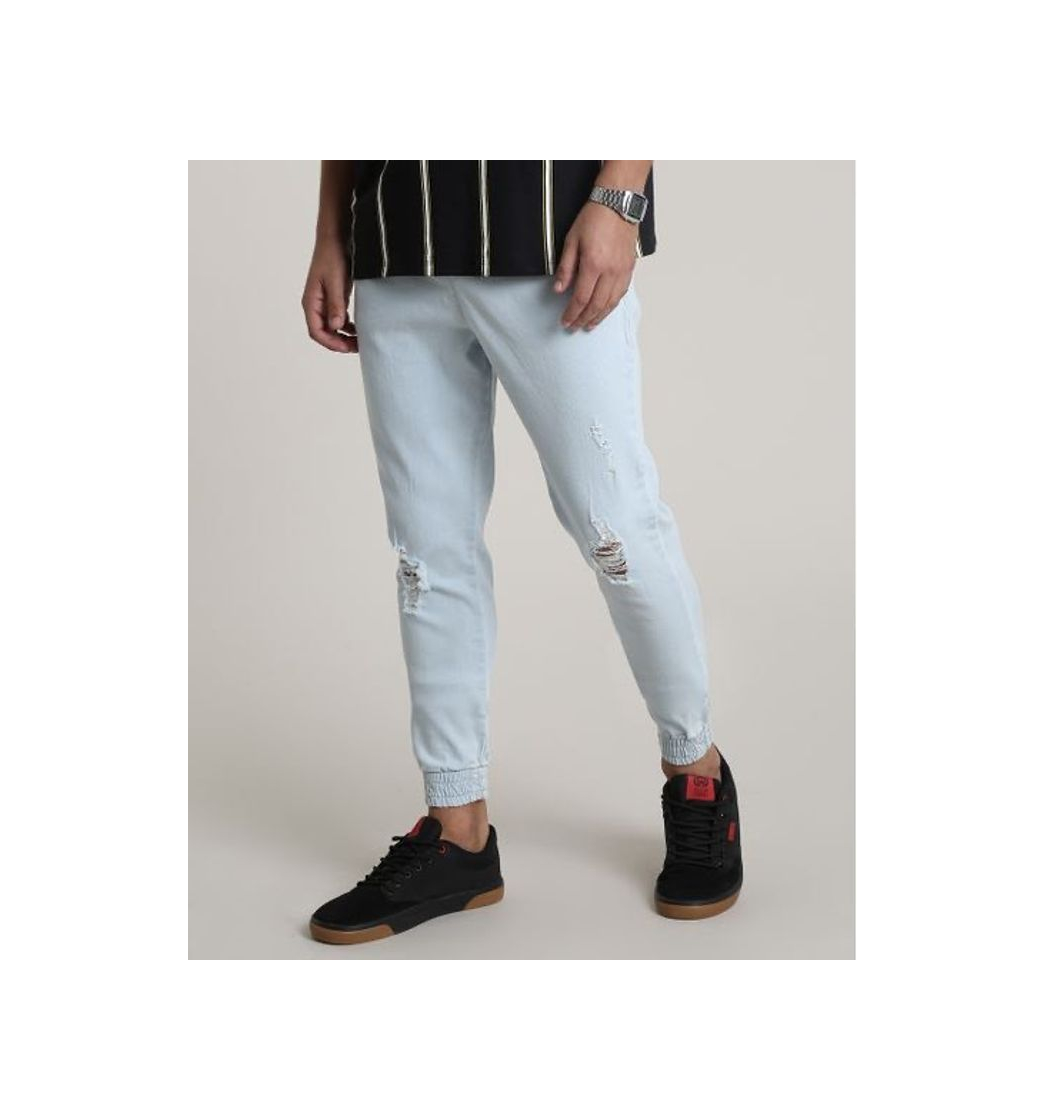 Producto calça jeans masculina jogger slim com rasgos azul claro