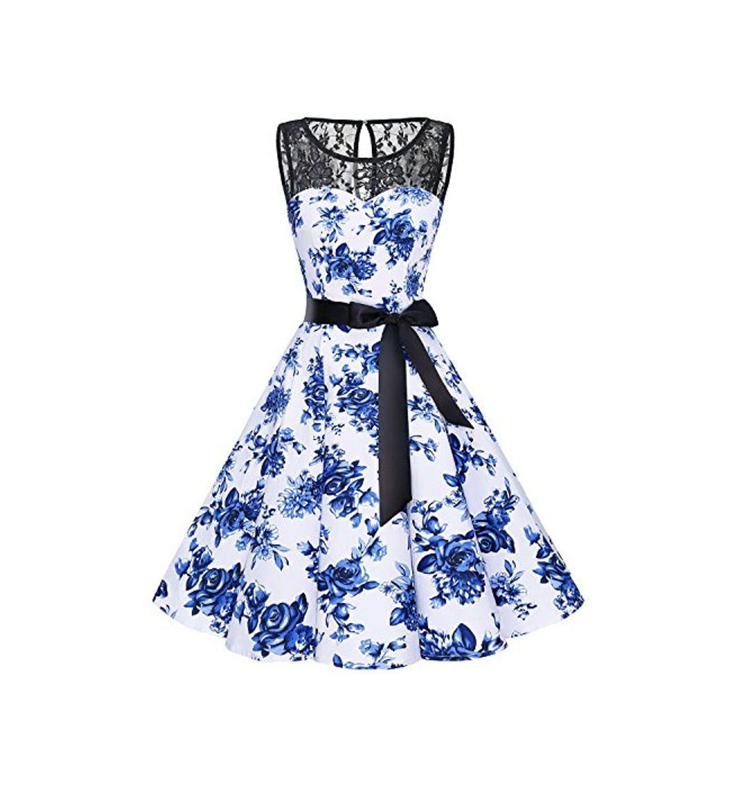 Social Bbonlinedress Vestido Mujer Corto Fiesta Boda Encaje Sin Mangas White Blue Flower