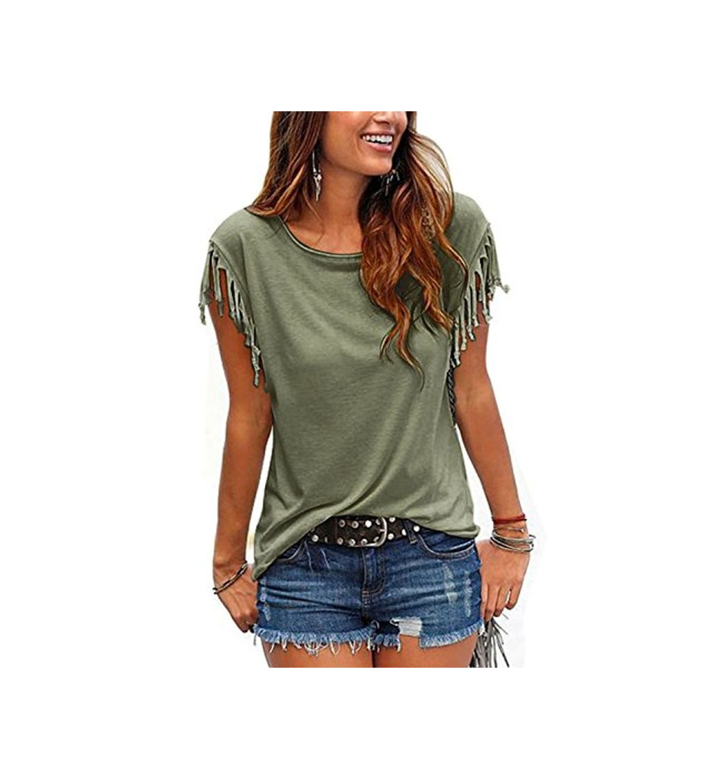Camiseta Mujer Manga Corta Talla Grande Verano Casual con Flecos Borlas Algodón Cuello Redondo T Shirt Top Green S