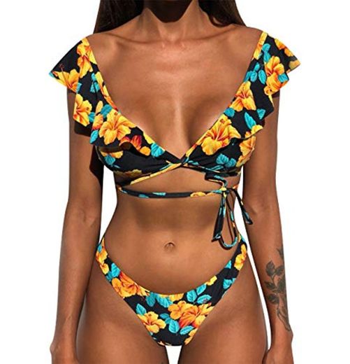 Bikini de Volantes Triangulo Push Up Mujer Trajes de Baño Flores de Dos Piezas Biquini Brasileño Rayas Vikini Bikinis Brasileña Señora Bañador Piscina Playa Mujeres Bañadores Natacion Amarillo M