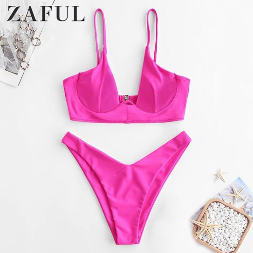 ZAFUL Mujer Sólido Tanga Corte Alto Bikini Conjuntos