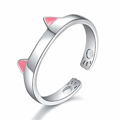 YAZILIND Lindo Gatito Orejas de Gato Forma Anillo Abierto S925 Plateado Animal