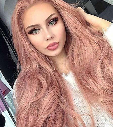 Cosswigs Long Wavy Lace Front Wig for Women Glueless Synthetic Pink Wig
