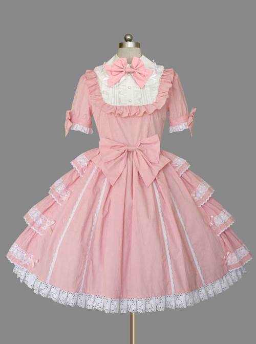 Social Pink Cotton Lapel Bowknot Sweet Lolita Short Sleeves Dress