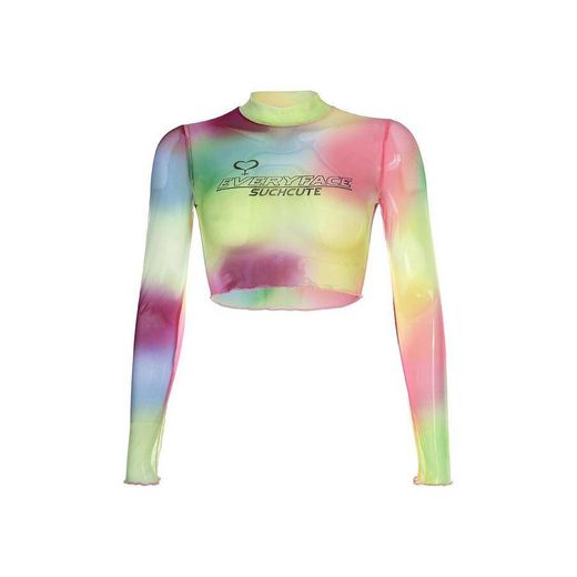 Sheer cropped top with letter print🌈✨