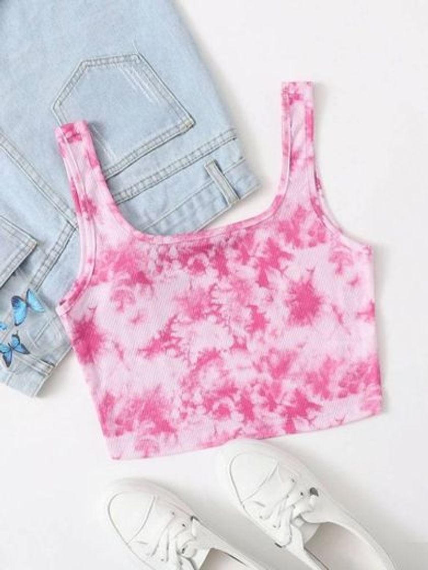 Moda SHEIN Top Tank Corto De Tie Dye Tejido De Canalé

