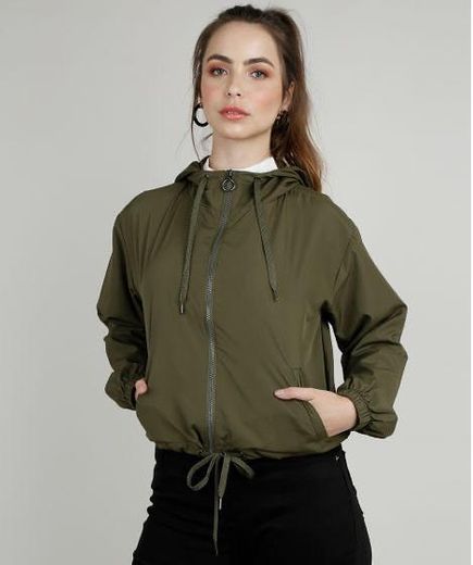 jaqueta corta vento feminina com capuz e bolsos verde milita