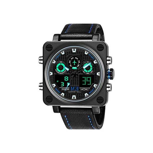 Regalo para Padre Menton Ezil Reloj Hombre Dijital Deportivo Eletrónico Militar Multifuncional Estilo de Heavy Metal Impermeable Cronómetro Alarma Cuadrado con Correa de Cuero