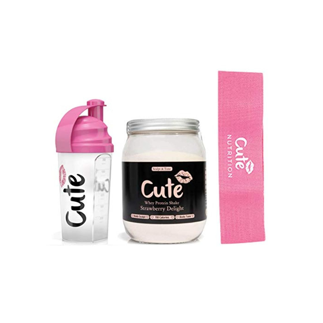 Producto Cute Nutrition Batido de Proteína de Suero de Fresa Esculpe y Tonifica Bote de 500g con Coctelera Shaker Rosa 700 ml y Banda Rosa de Resistencia Media