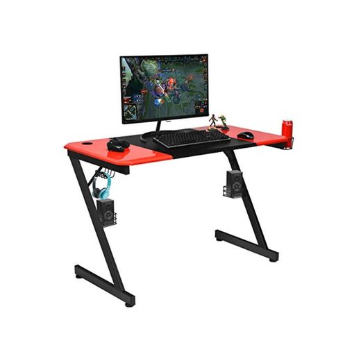 COSTWAY Mesa de Gaming en Forma de Z Mesa de Juego Mesa para Computadora con Soporte para Altavoz y Gancho para Auriculares para Hogar Oficina