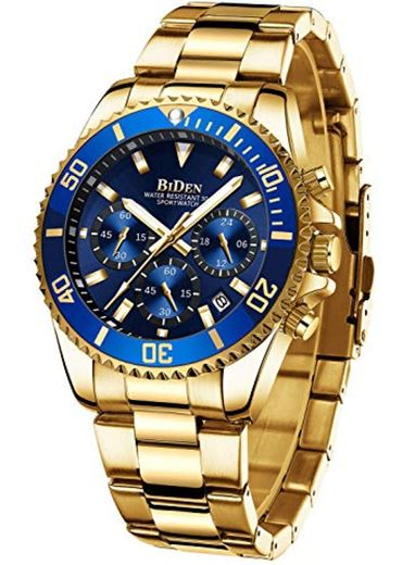 Relojes Hombre Relojes Grandes de Pulsera Militares Cronografo Diseñador Luminosos Impermeable Reloj Hombre de Acero Inoxidable Dorado Analogicos Fecha