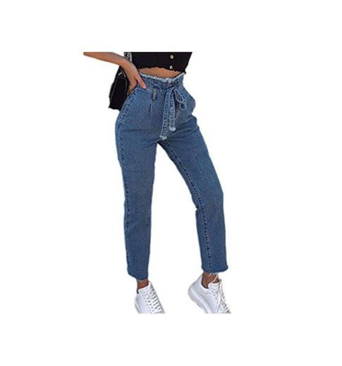 HX fashion Damas Long Paperbag Mezclilla Jeans Pantalones De con Cinturón Tamaños