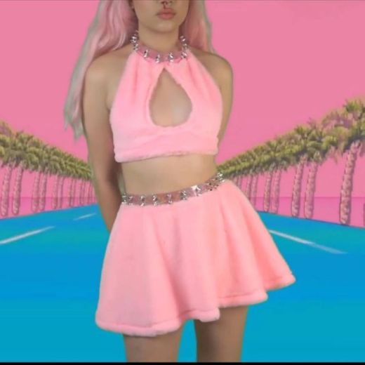 Sugar Thrillz Faux Fur Spike Halter Top Skirt Set - Pink | Dolls Kill