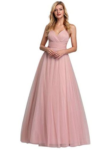 Ever-Pretty A-línea Vestido de Noche Cuello en V Largo para Mujer Rosa