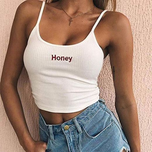 FTTYUOP Mujeres Sexy Crop Top Summer Honey Letter Bordado Strap Tank Tops Recortadas Feminino Ladies Elastic Shirt Chaleco Camisole S Estilo Blanco 1