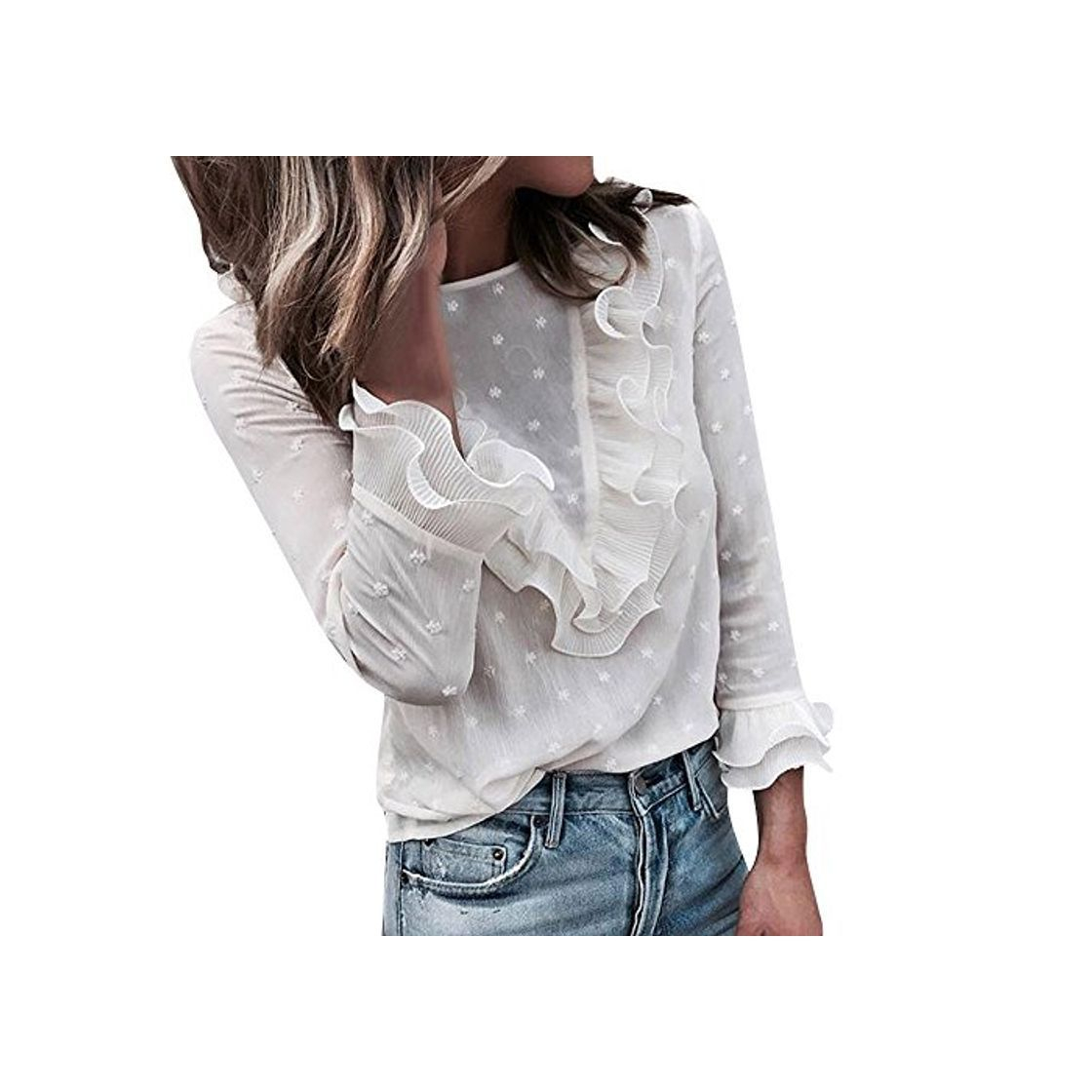 Social DEELIN Tops para Mujer Pullover Blusa Casual Encaje Polka Dot O Cuello