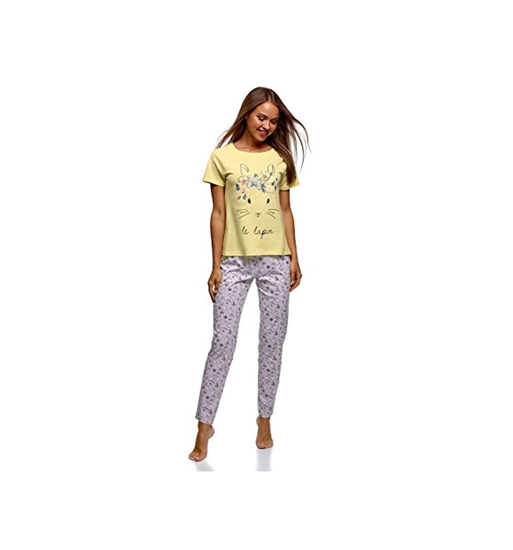 Producto oodji Ultra Mujer Pijama de Algodón con Pantalones, Amarillo, ES 40