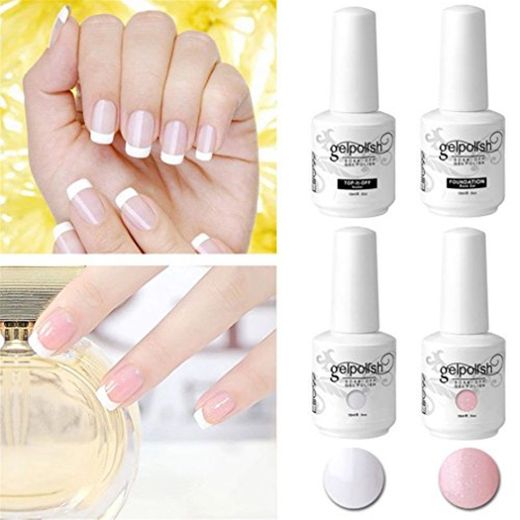 Elite99 Kit Manicura Francesa Uñas de Gel Polish Esmalte Semipermanente Color Gel Top y Base Coat 4pcs Laca Soak Off Top Coat Base Coat UV LED Manicura Arte 15ml