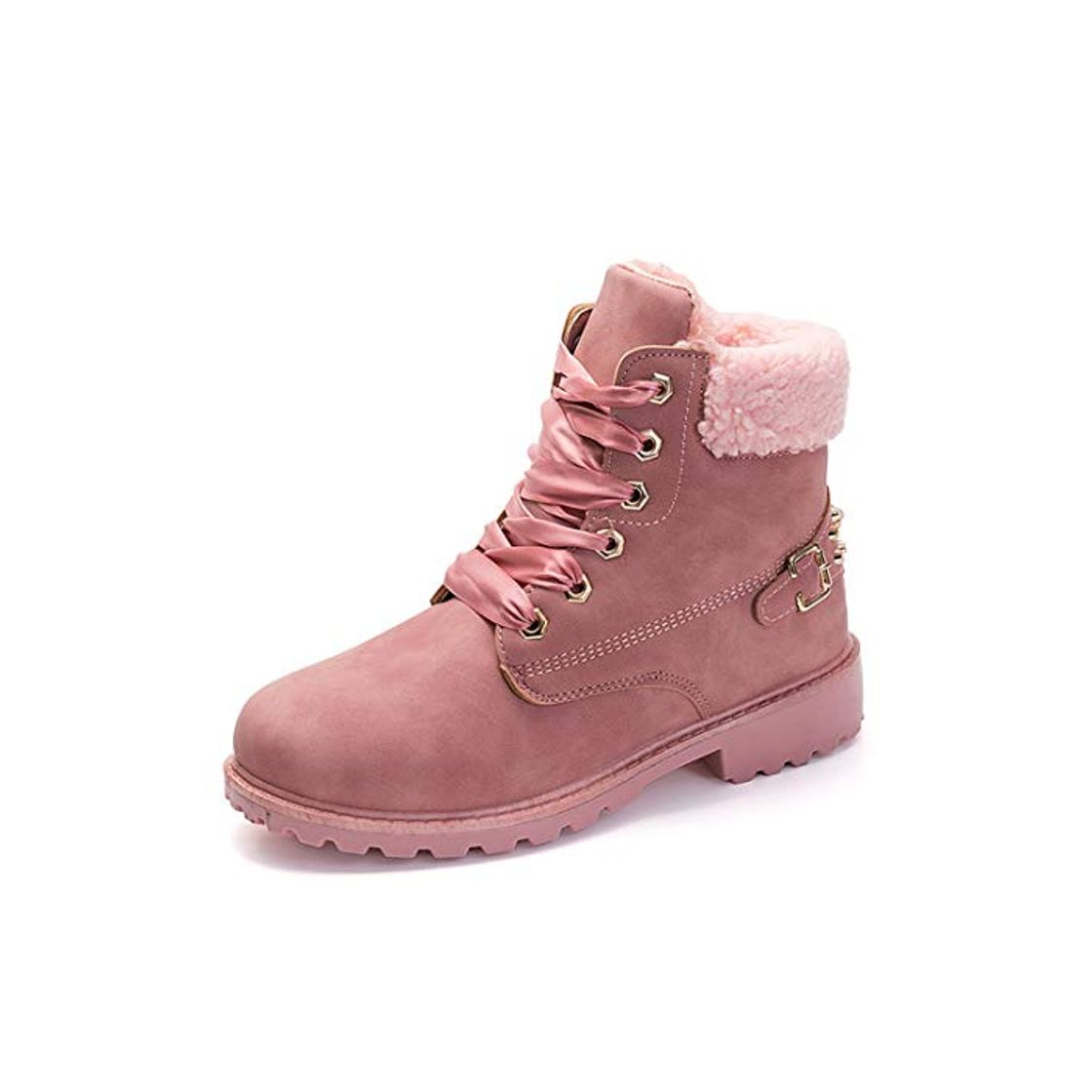 Fashion Botas Nieve Mujer Otoño Invierno Calentar Piel Forro Botines Retro Snow Boots Cordones Zapatillas Planas Rosa 38