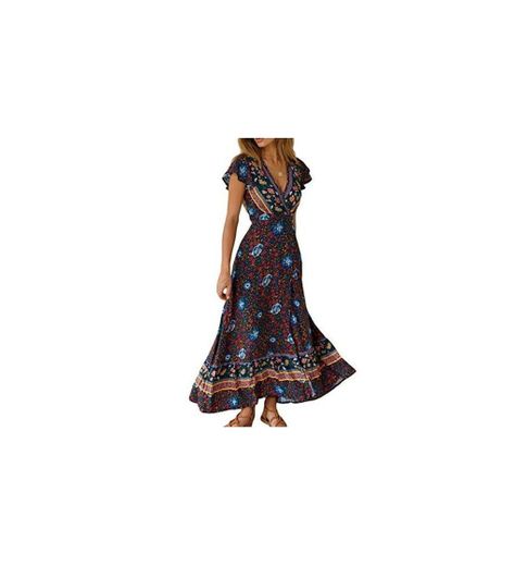 Vestido Mujer Bohemio Largo Verano Playa Fiesta Floral Manga Corta Cuello en