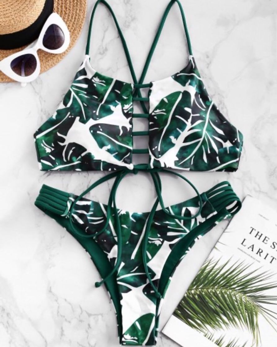 Product Palm Leaf Lattice Crisscross High Leg Bikini 