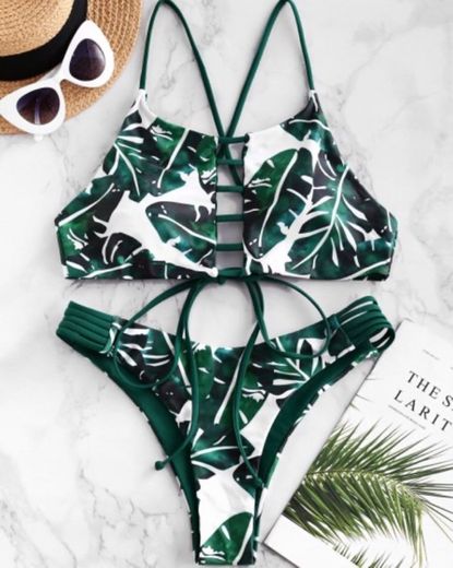 Palm Leaf Lattice Crisscross High Leg Bikini 