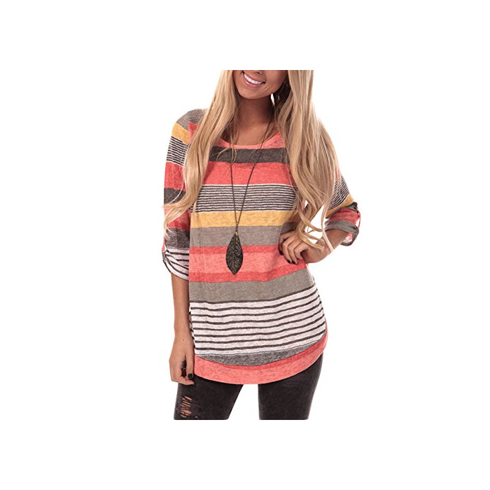 Social Lover-Beauty Mujeres Verano Casual Cuello V Camiseta Rayas Tops Plus Size